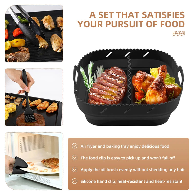 Square Silicone Air Fryer Liner with Divider Non-Stick Easy to Clean Dishwasher Safe Food Riser Holder