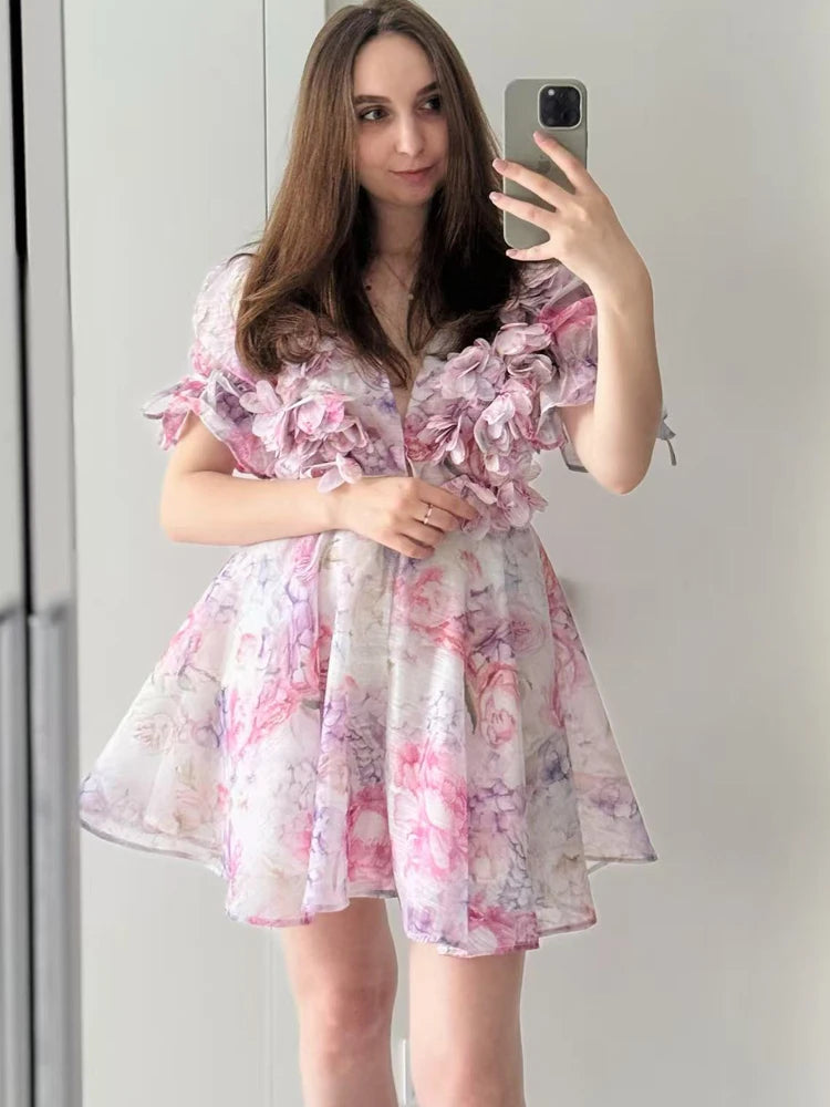 FSMG Sweet Pink 3D Flower Big Puff Sleeve V Neck Dress Fashion French Style High Waist A-line Mini Sexy Short Skirt Evening Robe