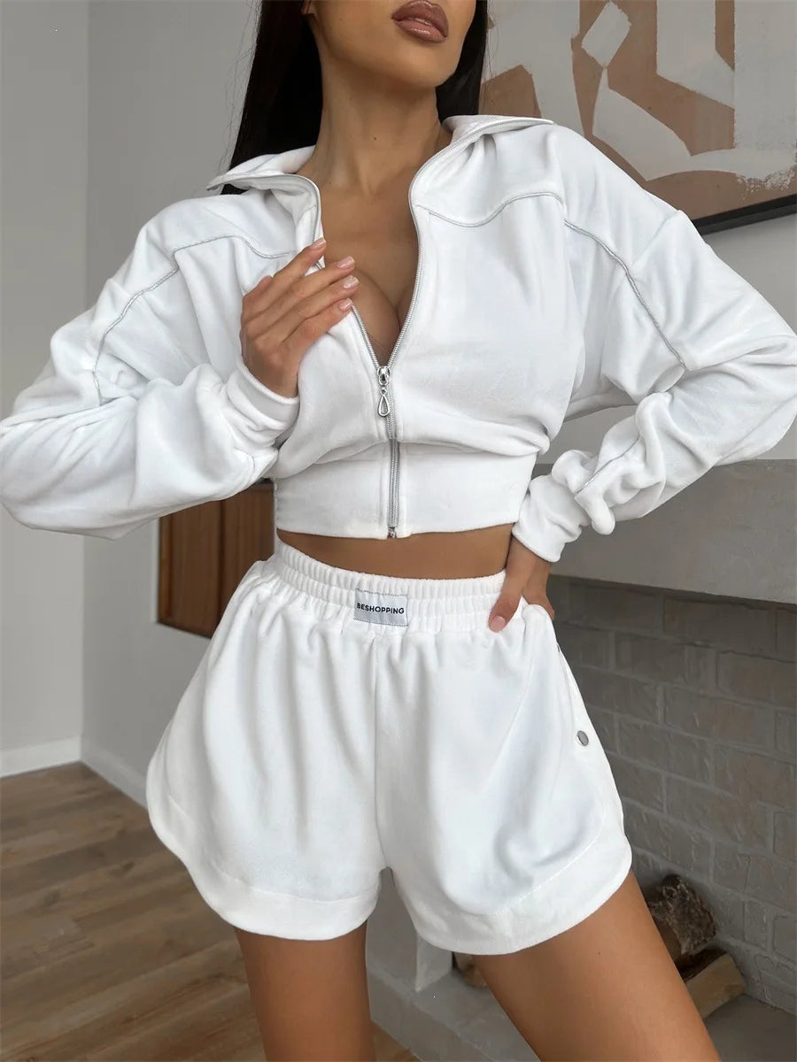 Summer Women Long Sleeved Zipper Two Piece Sets Top Elastic Shorts Outfits Fashion Striped Casual Suits Lapel Tracksuits 2026