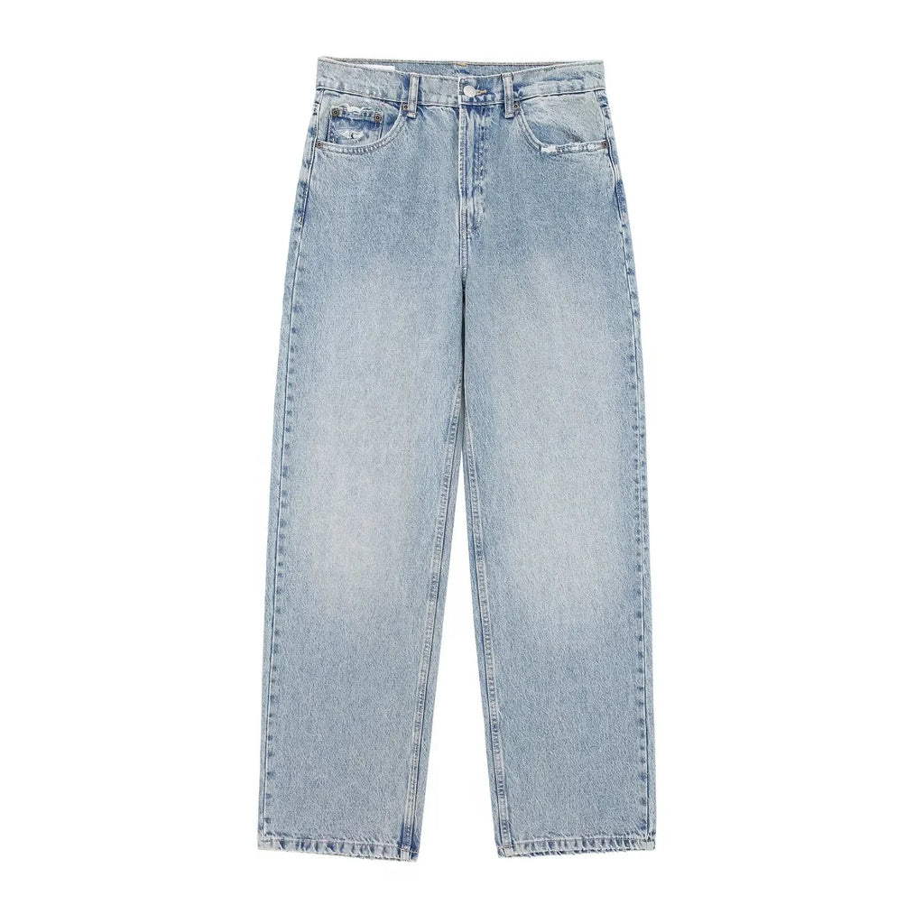 HH 2024 Women's Street Fashion Denim Blue Jeans Distressed Patchwork High Waist Zipper Fly Ripped Retro Long Pants