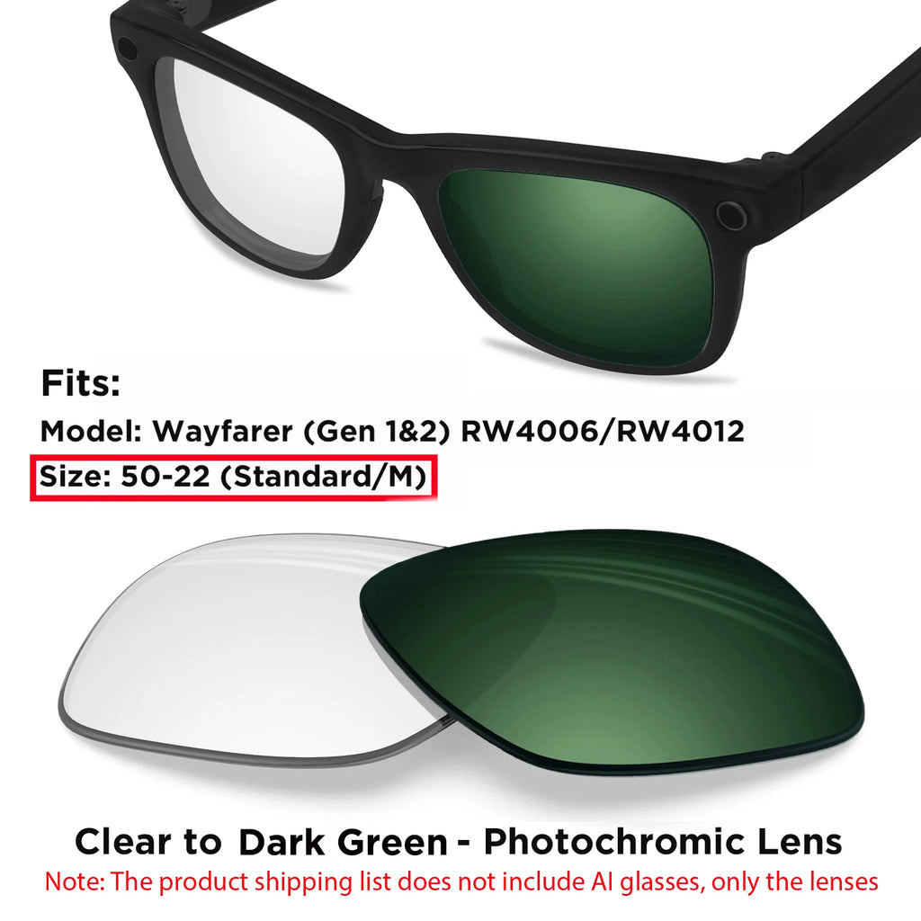 Photochromic & Polarized Replacement Lenses For Ray-Ban Meta Wayfarer RW4006 / RW4008 / RW4012 Gen1/2 AI Smart Glasses Lens