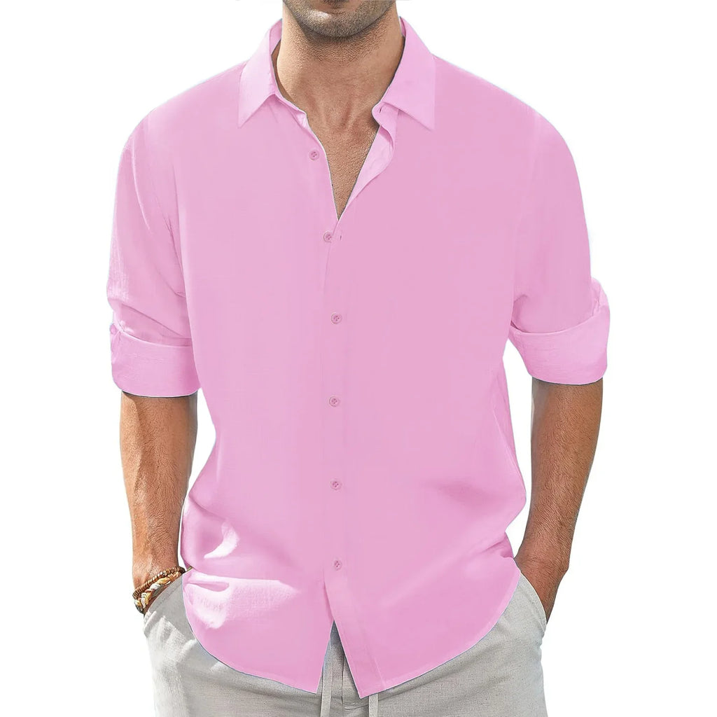 Spring Fall Men's Shirt Long Sleeve Lapel Collar Solid Color Basic Style Casula Breathable Lightweight Simple Fahion Shirts