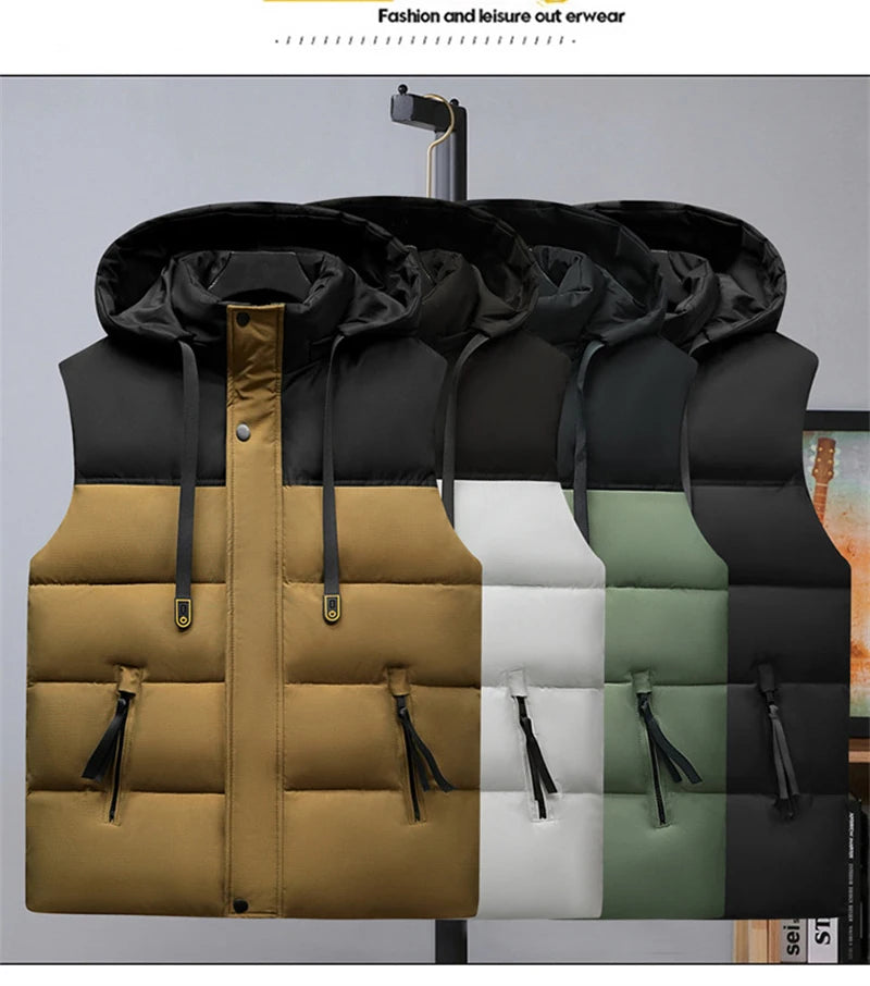 Plus Size Cotton Padded Vest for Men Warm Autumn Winter Sleeveless Jackets Hat Detachable 6XL Fashion Loose Coat Men Clothing