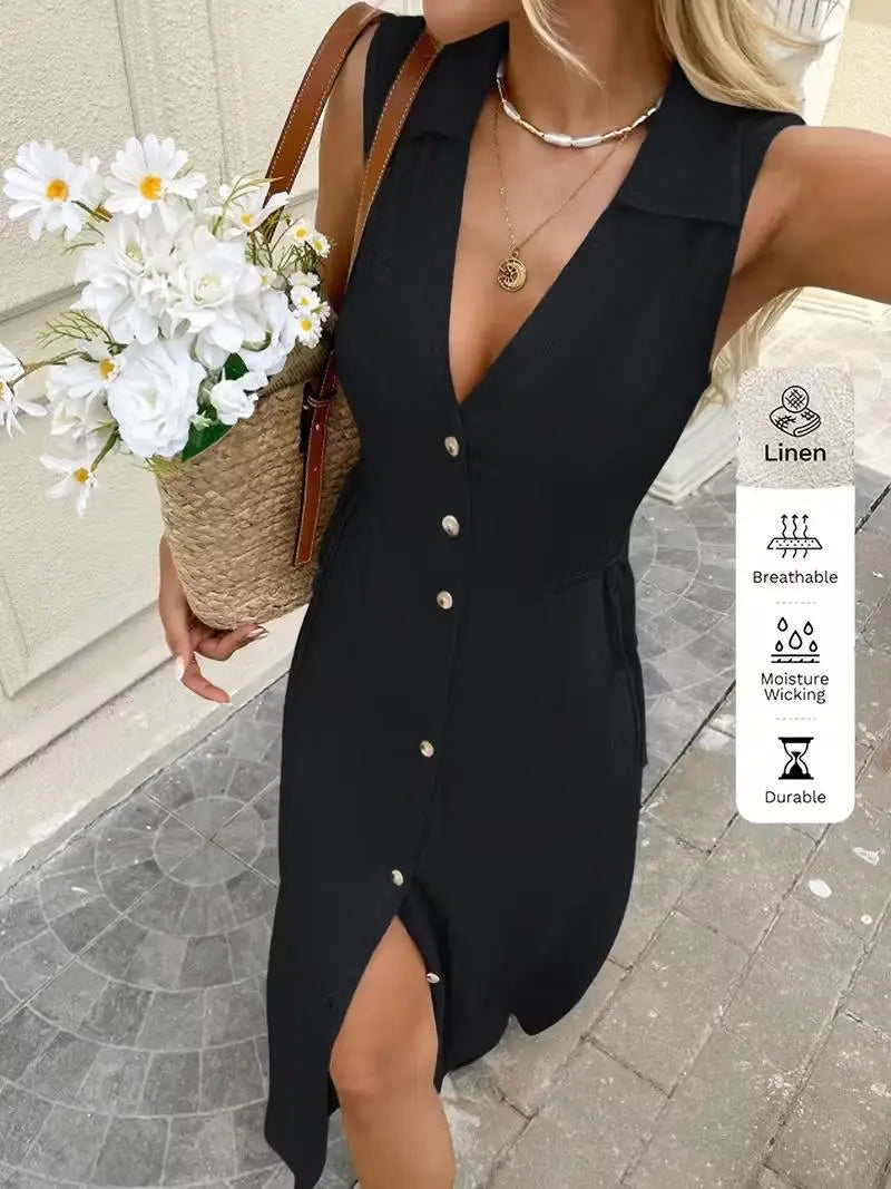BohemianStyle Dress Sleeveless V-Neck ButtonFront Dresses Elegant Classic Solid Dresses Resort SeasideStyle Vacation Dresses