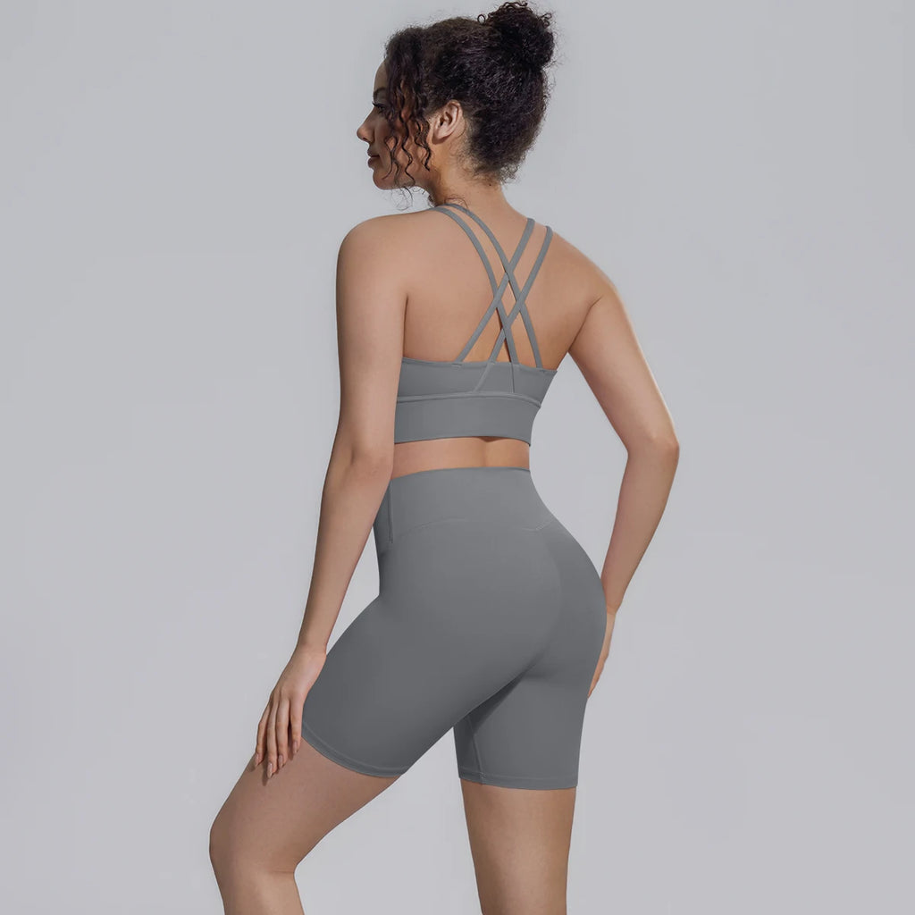 2PCS/set Yoga Set Summer Breathable Running Cycling Backless Sports Bra High Waist Peach Buttocks Fitness Shorts Gym Yoga Set