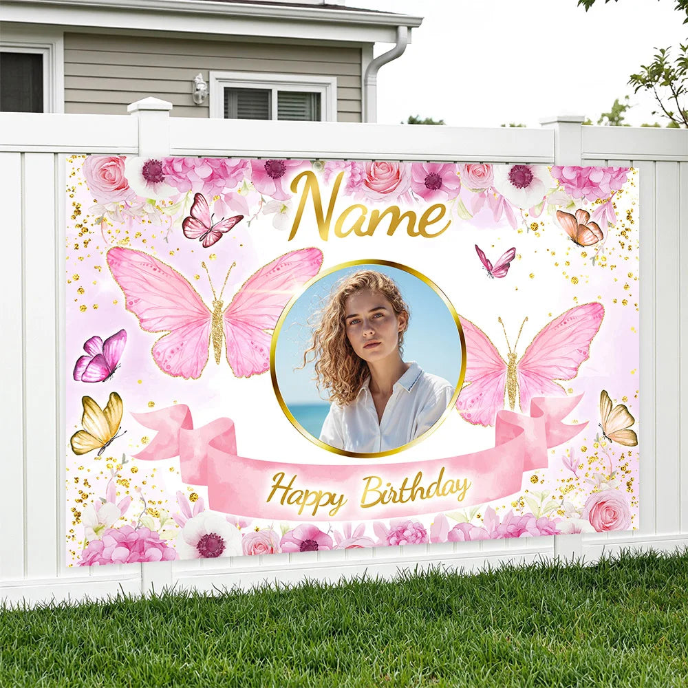 Custom Photo Name Birthday Backdrop Pink Butterfly and Floral Background Banner Personalized for Party Wall Decoration Glitter T