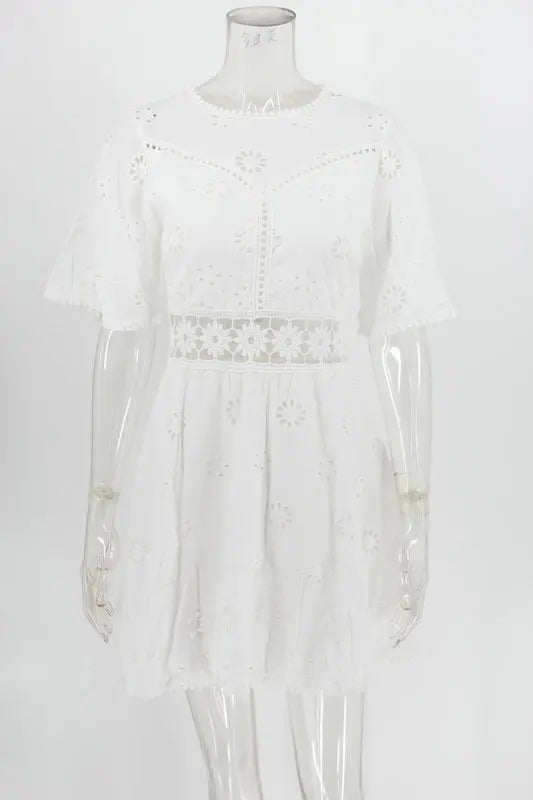 WildPinky Flare Sleeve Cotton White Lace Dress Women Casual Ladies Summer High Waist Short Dress Backless Hollow Out Vestidos