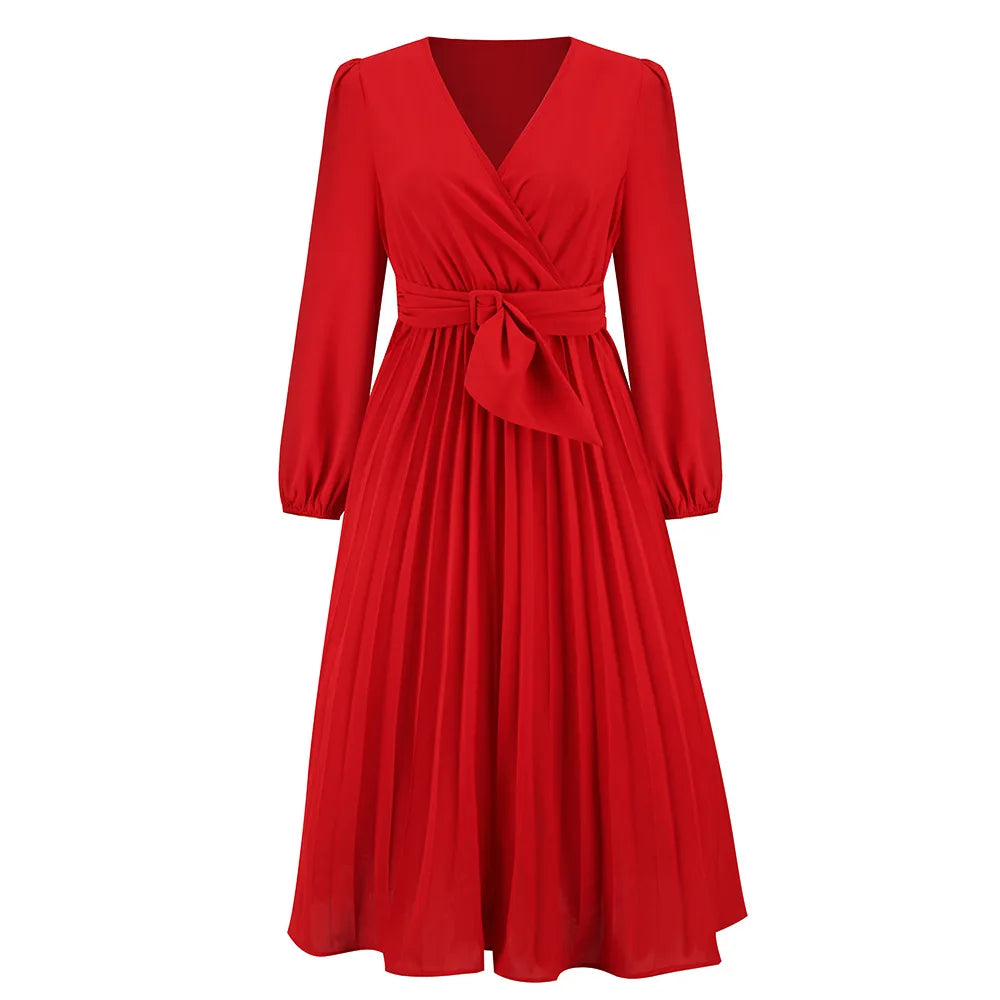 Elegant Women's Green Chiffon Autumn/Winter Long Sleeve Slim Fit Pleated Dress Fashion Women's V-neck Belt Party Dresses S-2XL