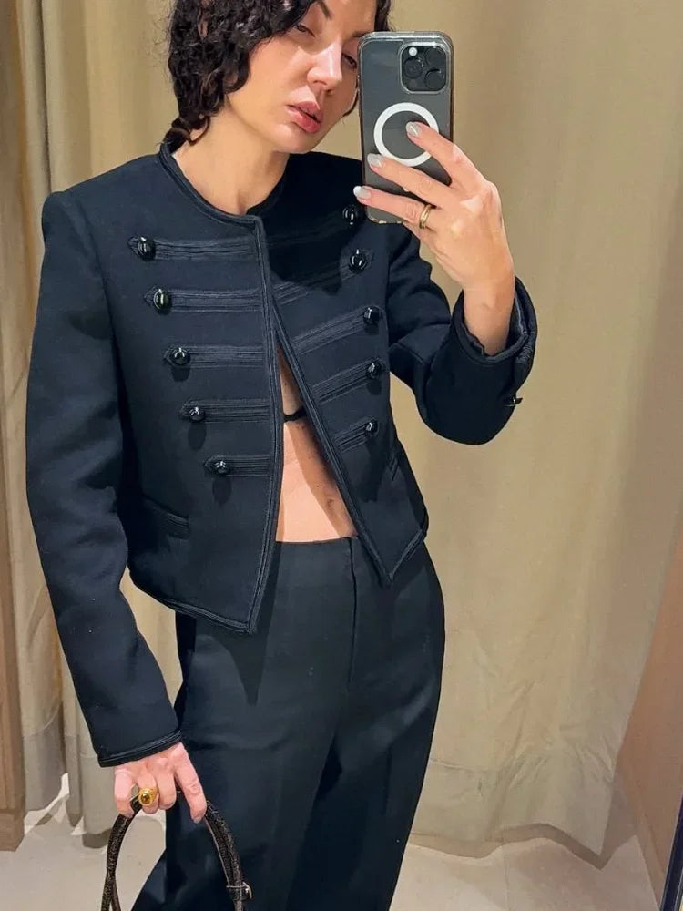 Black Round Neck Military Jacket Women Casual Full Sleeve Buttons Cropped Slim Coat 2026 Lady Daily Street Napoleon New Jackets