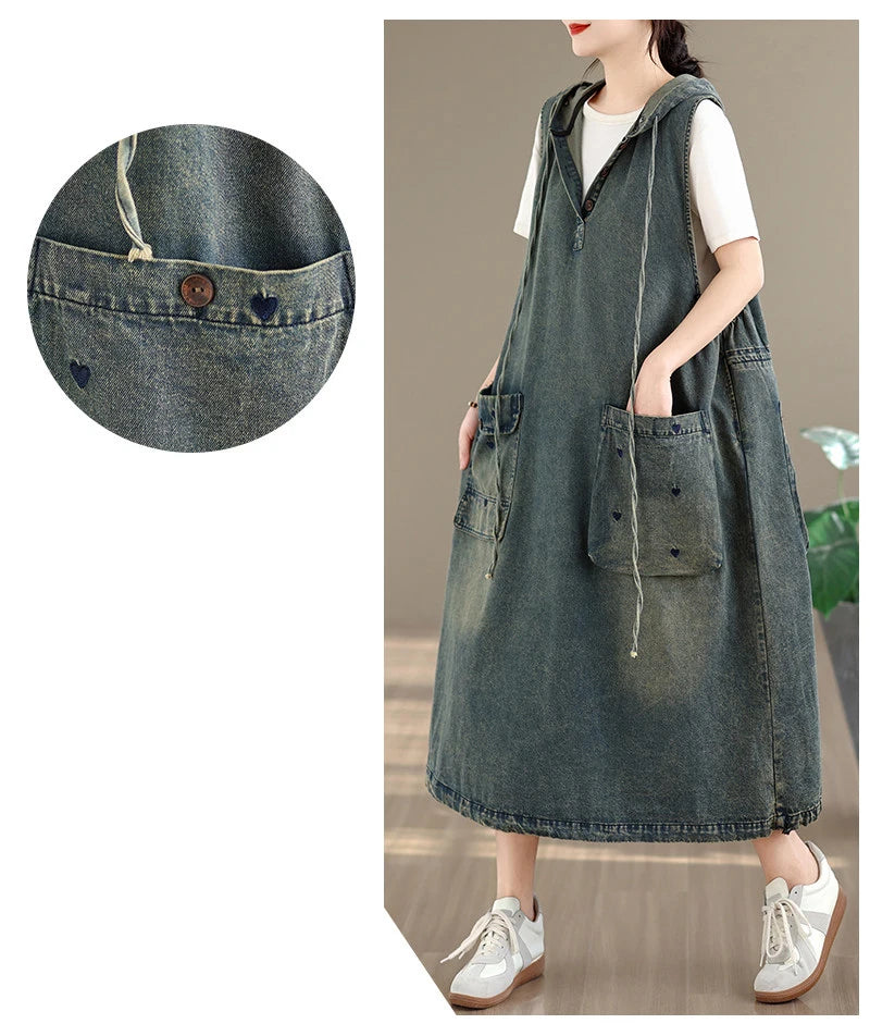 Original Denim Suspender Dres for Women Summer Fashion Vintage Big Pocket Mid-long Frocks Female Hip Hop Baggy Streetwear