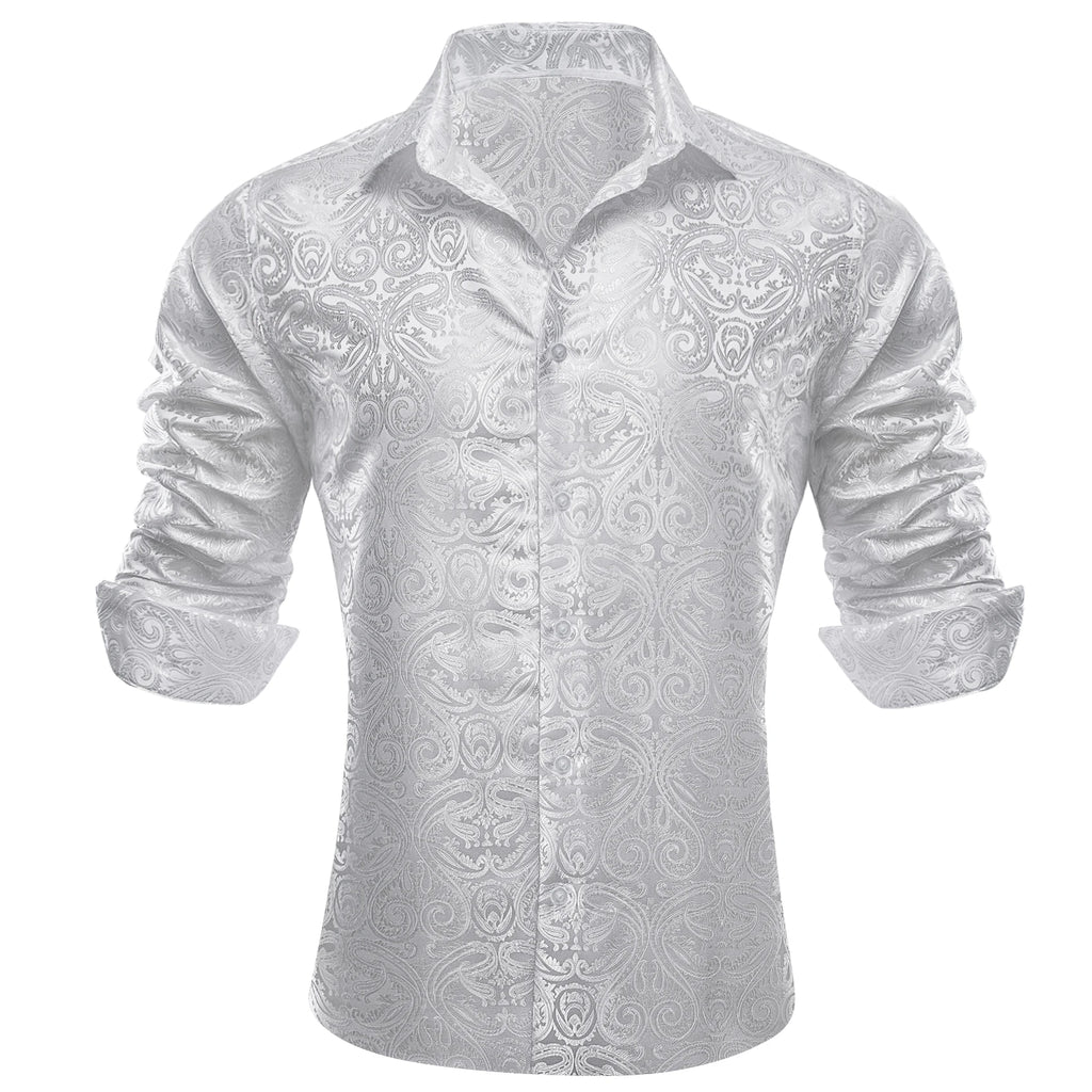 Barry.Wang Luxury Silk Mens Shirts Jacquard Floral Long Sleeve Formal Casual Breathable Male Blouses Wedding Business Prom Gift