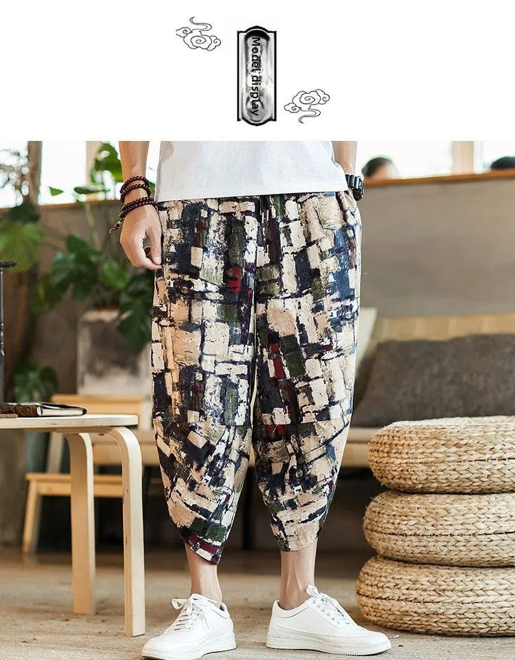 Men's Casual Cotton Linen Seven-Foot Pants Summer plus Size Lantern Loose Fit Shorts Harlan Style Comfortable Breathable Leis...