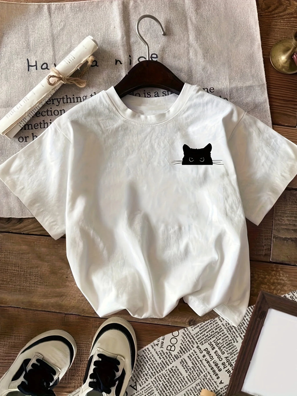 Cat Print Crew Neck T-Shirt Casual Short Sleeve T-Shirt For Spring & Summer Women's Clothing