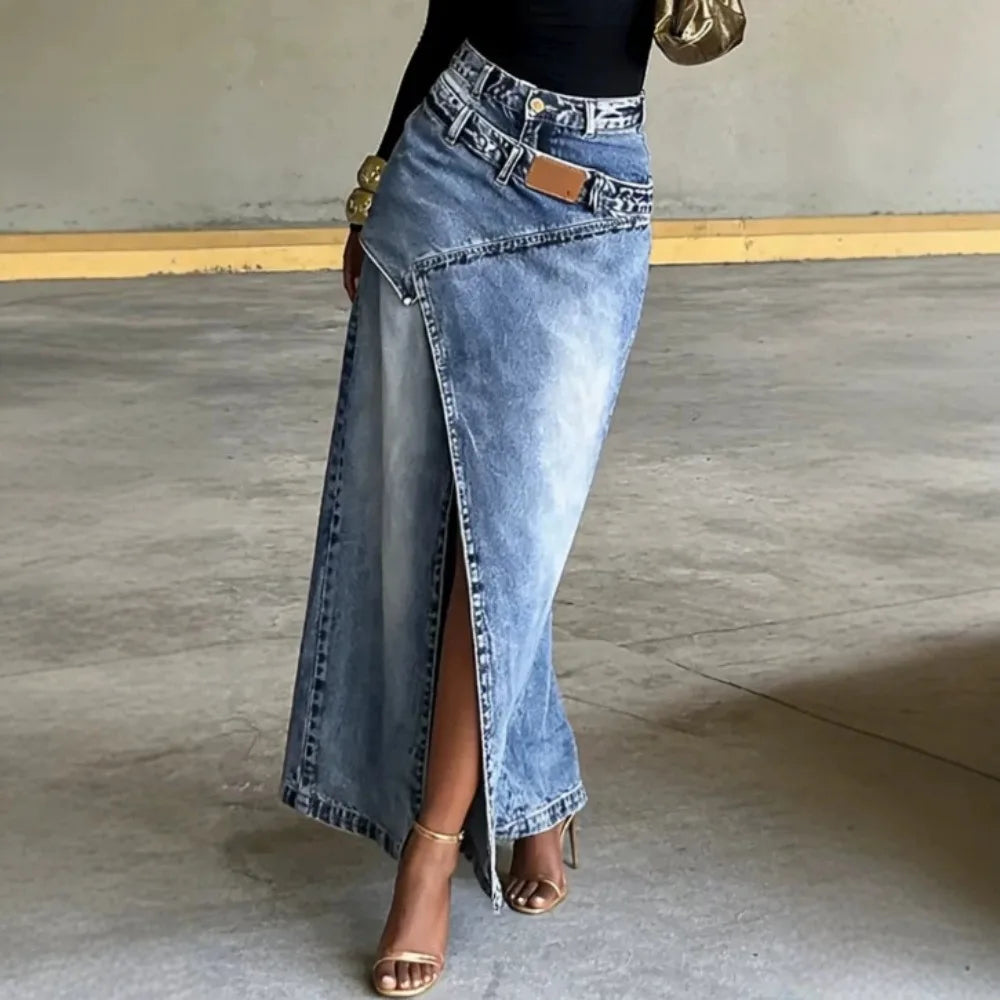 Washed Denim Maxi Skirt High Waist Asymmetric Front Slit Long Jean Skirt Irregular Patch Women Casual Split Denim Long Skirt