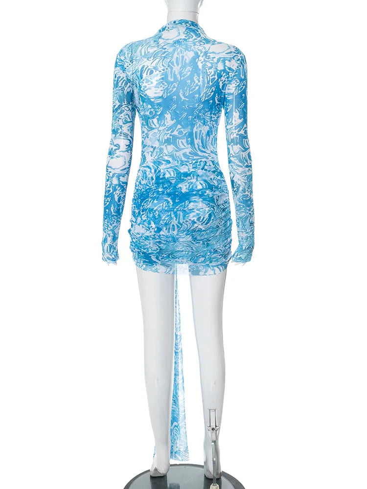 Women Blue Print Mesh Short Dresses Chic Sexy Summer Long Sleeve See-through Bandage Starfish Holiday Beach Dress Streetwear Hot