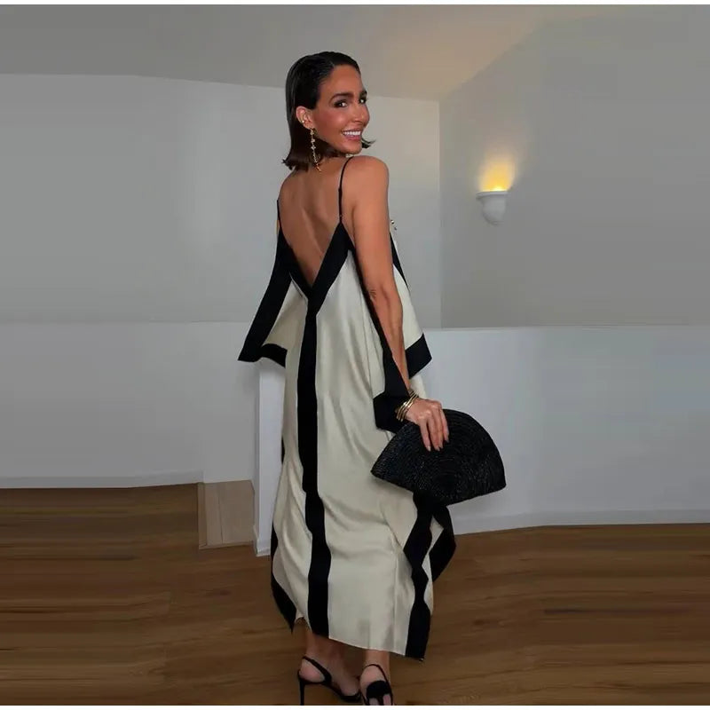 Contrast Black Trim Satin Cami Maxi Dress Deep V Neck Loose Flowy Ruffle Hem Lady Long Gown 2026 Summer Formal Vacation Dresses