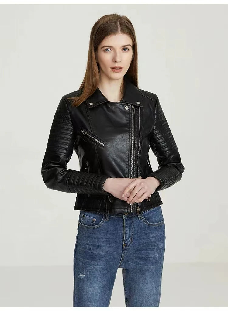 Vintage Women Leather jackets Faux Leather Moto Spring Bomber Jacket Two Zippers Drive Biker Coat PU Windbreak Outwear Autumn