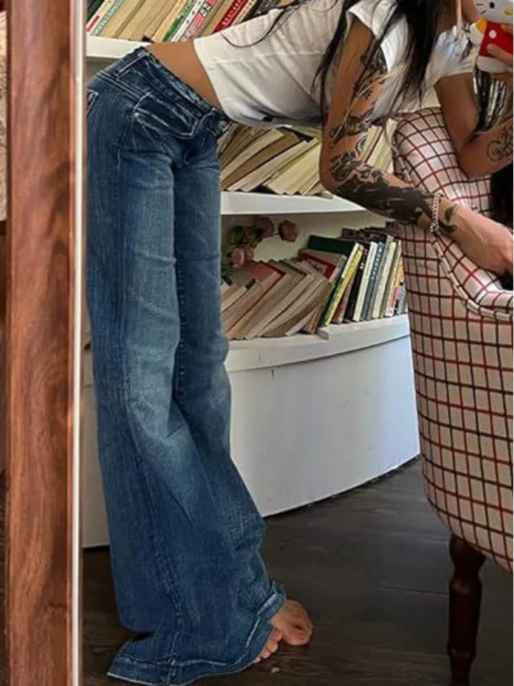 Women Washed Jeans Flare Pants Denim Mid Waist Slim Fit Pockets Button Solid Vintage Full Length Casual Denims Trousers