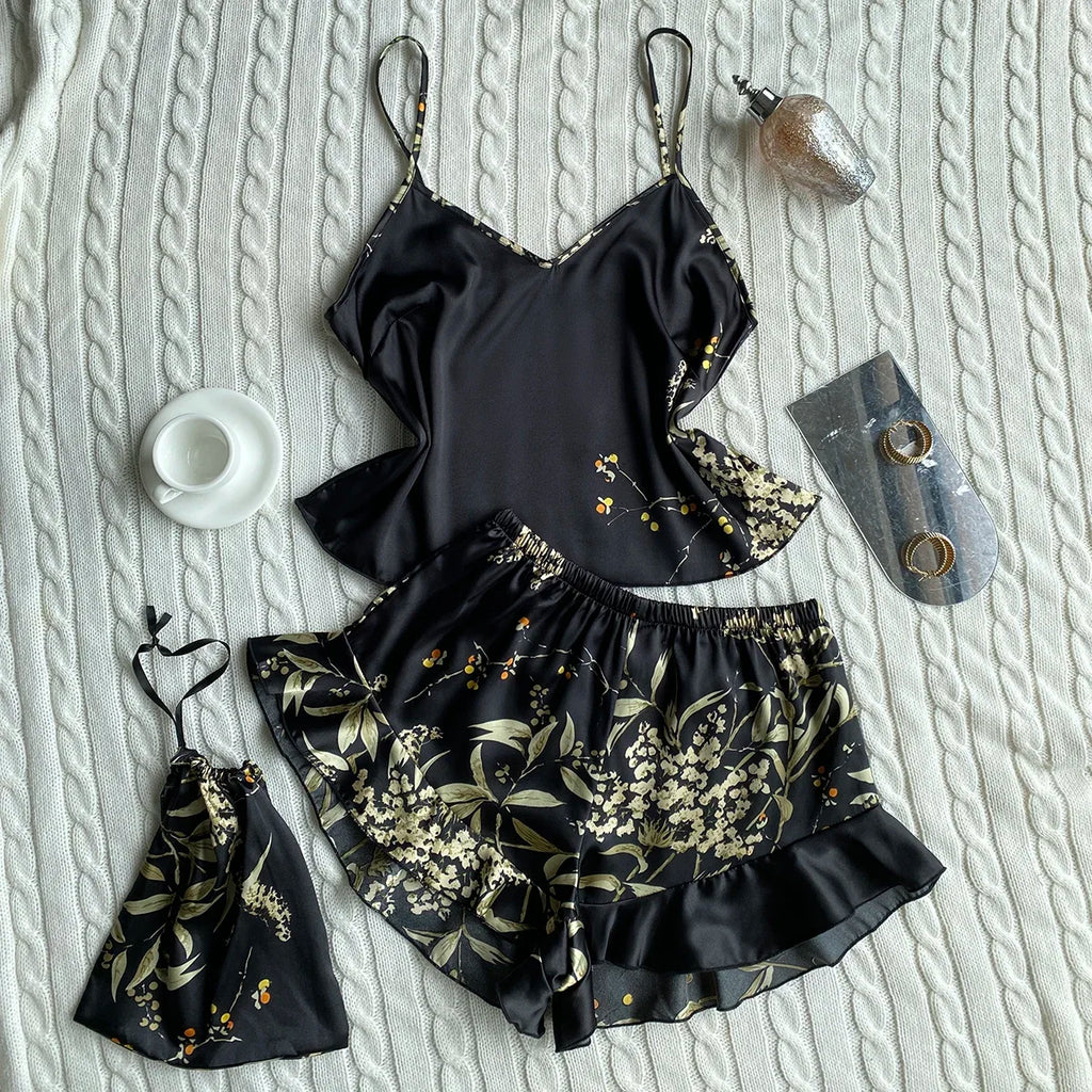 Summer Elegant  Print Cami Tops Ruffle Hem Shorts Pajama Set  Women's Sleepwear V Neck Strap Loungewear