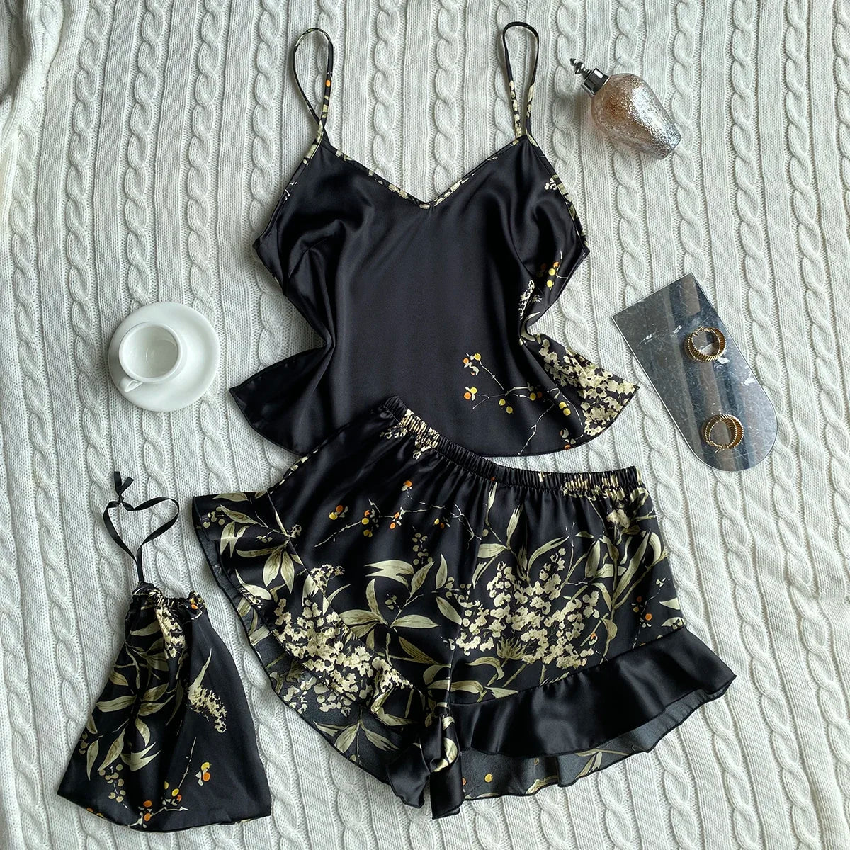 Summer Elegant  Print Cami Tops Ruffle Hem Shorts Pajama Set  Women's Sleepwear V Neck Strap Loungewear