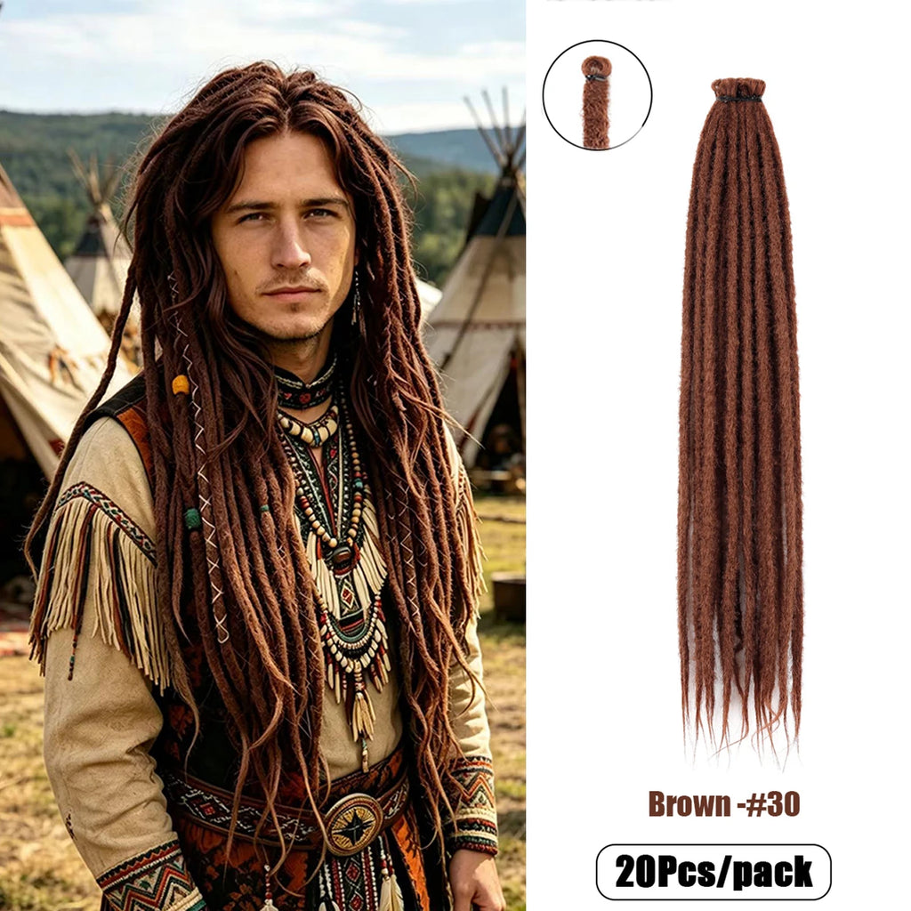 20Strands 24 Inch Synthetic Dreadlock Extensions Ombre Black 0.6cm Width Single Ended Hippie Reggae Style Crochet Hair for Men
