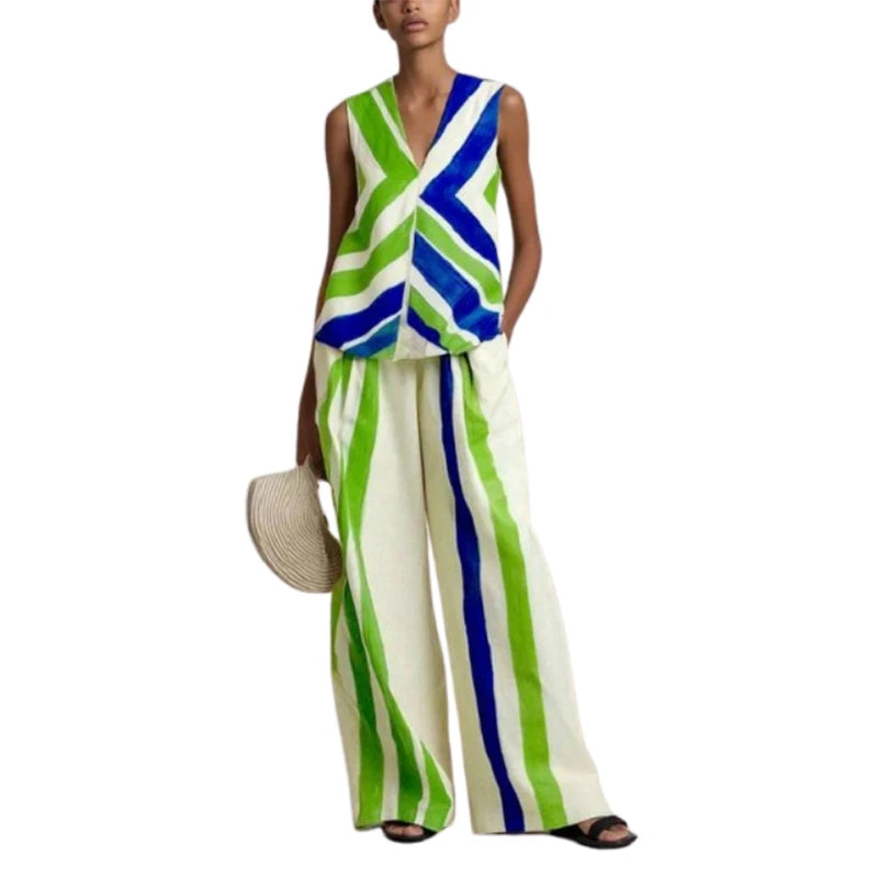 UOOZEE 2026 New Boho Vacation 2 Piece Set Women Fashion Contrast Color Striped V-Neck Tank & Elastic High Waist Wide Leg Pants