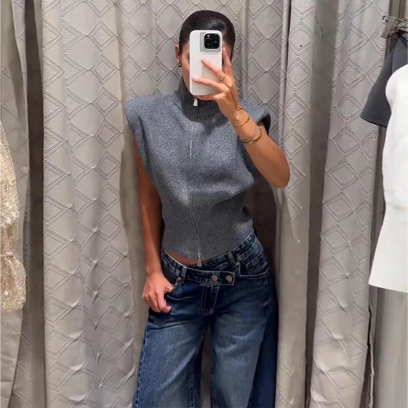 Women's Knitwear Half Turtleneck Double Zipper Knitted Vest Autumn Female Sleeveless Waist Cinching Solid Slim Cardigan New Tops
