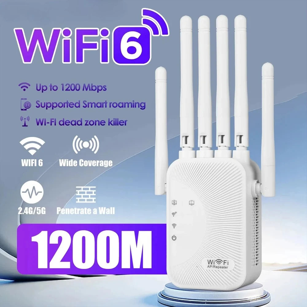 Upgraded Wifi Extender 6 Antennas Dual Band 1200Mbps Through Wall Easy Setup For Home Office Bedroom Wireless Signal Booster Use