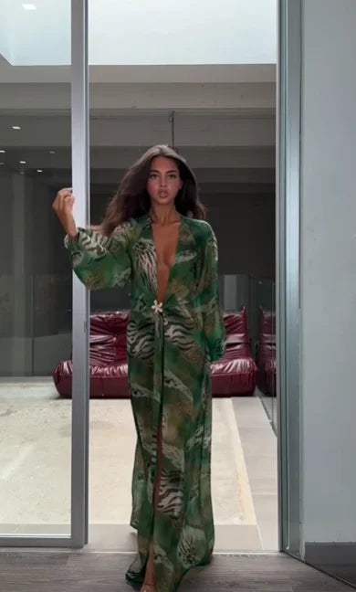Animal Print Wrap Maxi Dress V Neck Sleeve Twist Waist High Slit Long Gowns Women's Resort Vacation Party Robes 2026 New Arrival