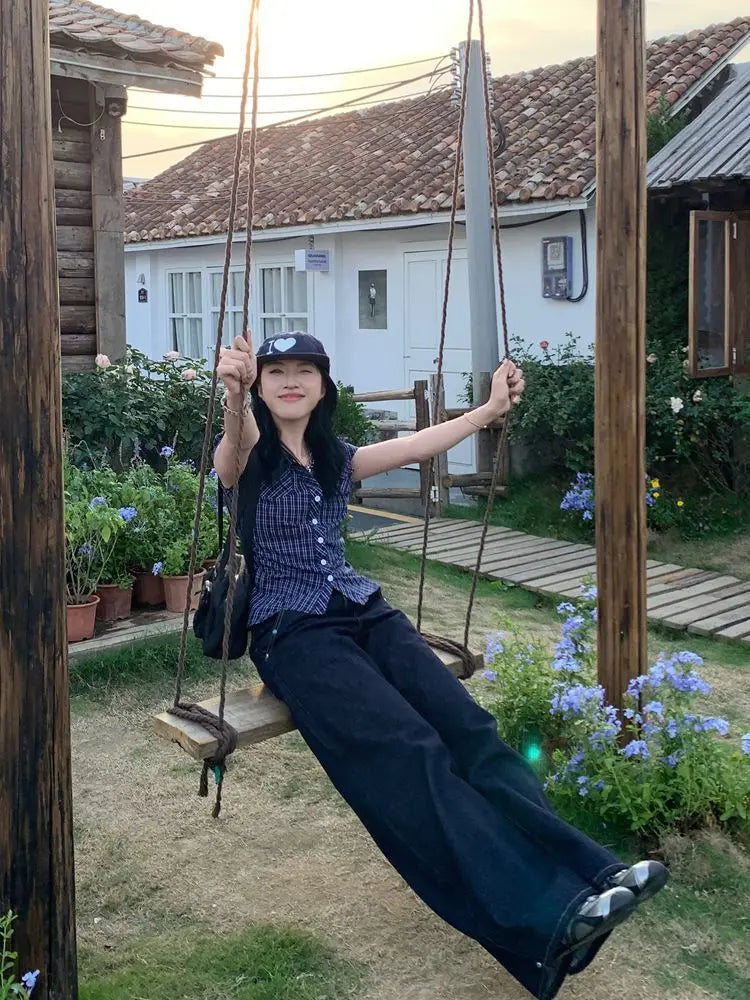 American Retro Blue Jeans Women Y2k Vintage Oversized High Street Wide Cargo Denim Trousers Casual Baggy Straight Denim Pants