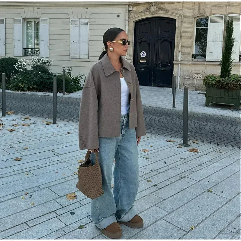Solid Lapel Full Sleeve Coat  Elegant Single Breasted Pockets Short Loose Outwear For Women 2026 New Casual High Street Overcoat
