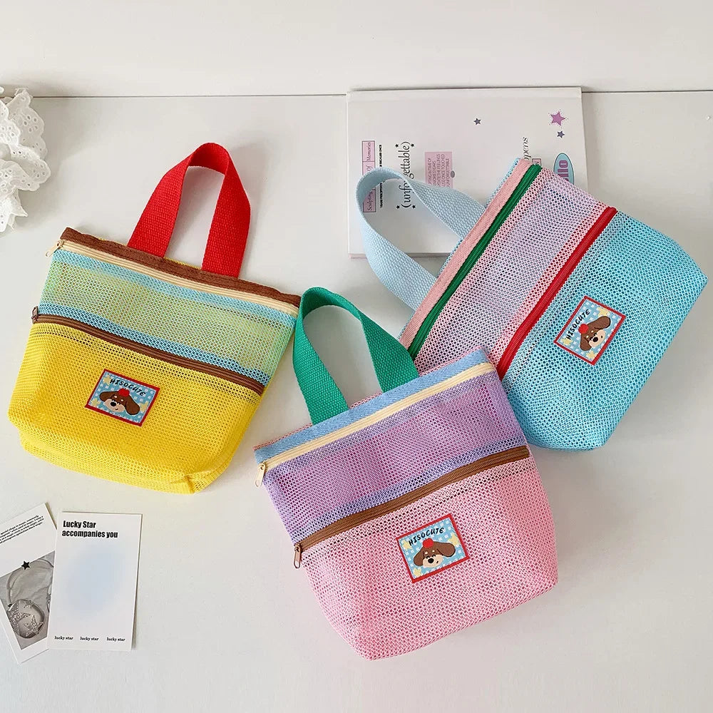 Women's Color-Block Mesh Makeup Bag with Top Handle and Cute Patch Small Cosmetic Pouch for Daily Travel Essentials Storage