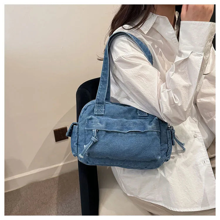 Trendy Vintage Denim Top Handle Bag Women Fashion Spring Shoulder Bag Casual Comfortable and Versatile Texture Storage Bag