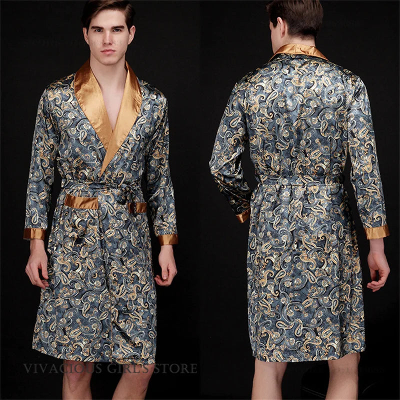 Pajama Men's Robe Kimono Gown Bathrobe with Pockets Print Sleepwear Home Clothing Spring Autumn Satin Nightwear Loose Loungewear