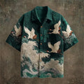 New Dark Green Embossed Dark Pattern Fabric with Flying Crane and Wave Printing for Men's Casual Short Sleeved Shirt