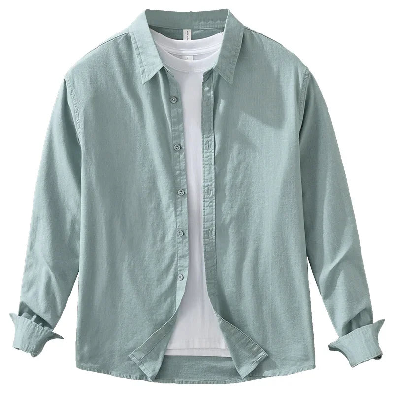 7369 Cotton Linen White Shirt for Men Good Quality Solid Color Simple Basic Long Sleeve Loose Casual Lapel Blouse Breathable Top