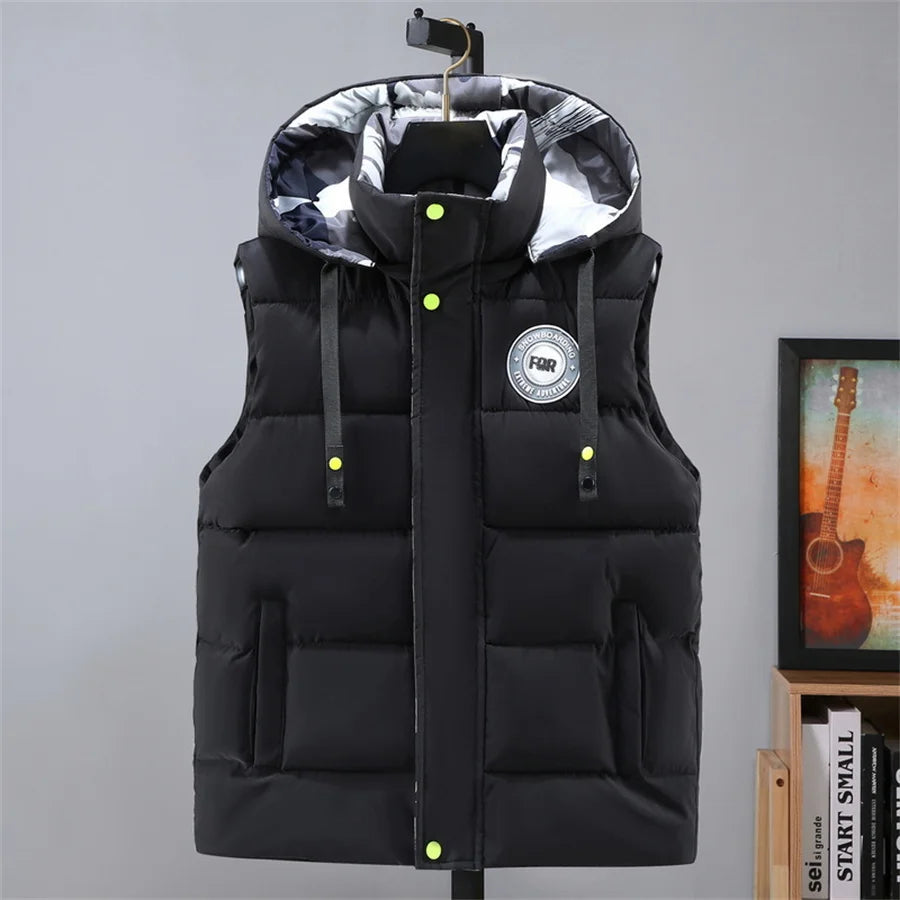 Black Men Cotton Padded Vest Fashion Detachable Hooded Sleeveless Jackets Winter Warm Men's Clothes Male Thick Coat Big Size 5XL