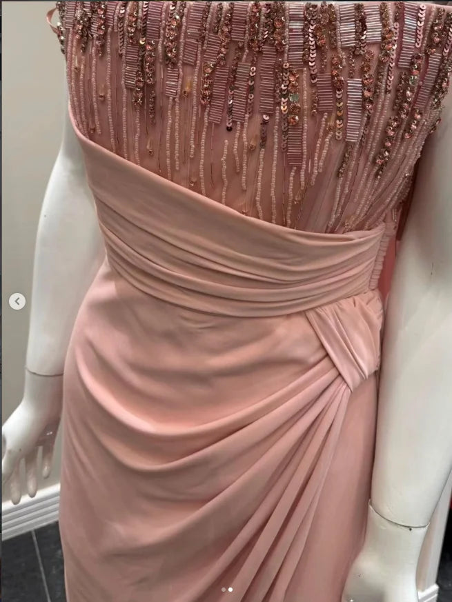 Pink Chiffon  Arabia Evening Dresses Luxury Strapless Beaded Sequins Party Dress Mermaid Long Formal Prom Dress Customized
