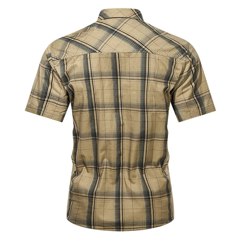 Men Summer short-sleeved Plaid Shirts Male Military Outdoor Multi-pockets Tooling Shirts High Quality Man Cotton Shirts Size 5XL