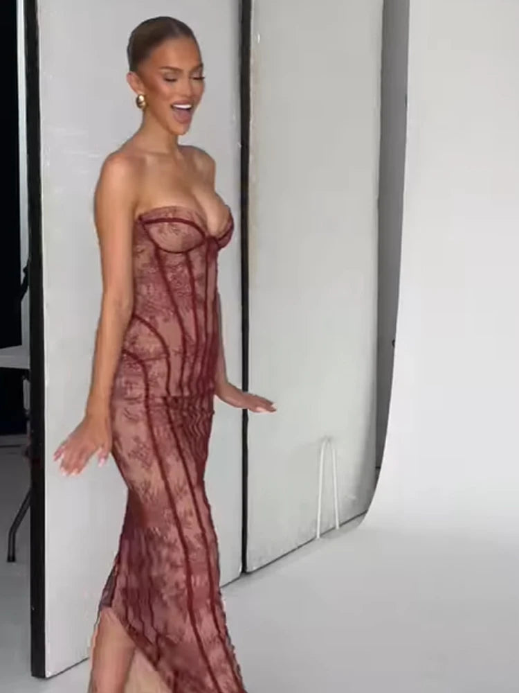 Women Gauze Fishbone Strapless Dress Chic Backless Off-shoulder Waist Cinching Slim Maxi Vestidos 2026 Lady Evening Party Gowns
