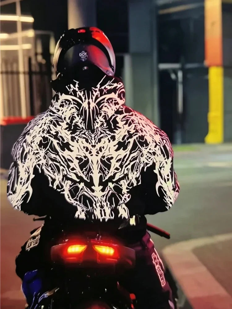 Men Street Reflective Hoodie Y2k Style Gothic Long‑sleeve Pullover Hooded Sweatshirt Loose‑fit Motorcycle Rider Night Outing New