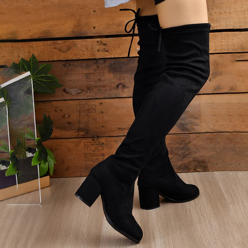 Autumn Winter Stretch Slim Long Boots Women Thick Heels Over The Knee Boots Woman Lace Up Platform Thigh High boots