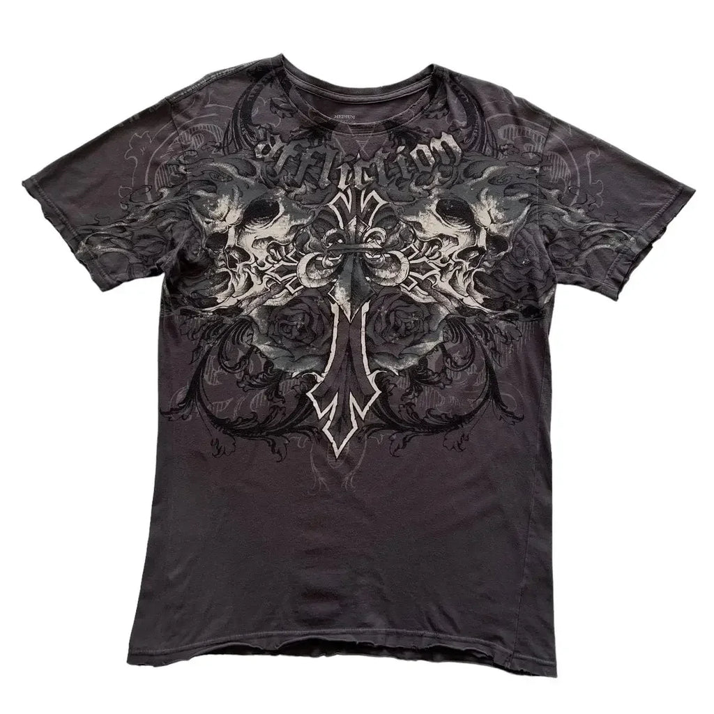 Affliction New Men Polo shirt Skull Graphic Harajuku Round Neck Oversized T Shirt Short Sleeve Tops Gothic Clothing Street Wear