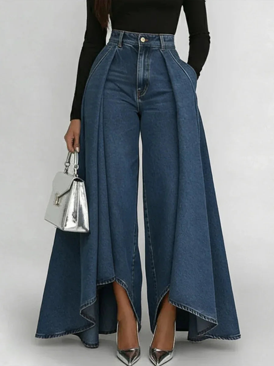 Fashion High Rise Denim Culottes Jeans Side Drape Oversized Wide Leg Pants Loose Fit Casual Trousers Streetwear