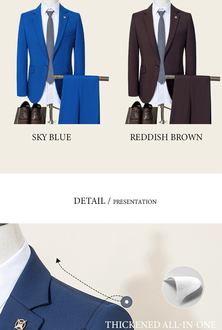 ST Cassy High Quality Men's Suit Slim Fit Solid Color Suit Formal Business Office Single Breasted Coat Pants 2 Pieces Set