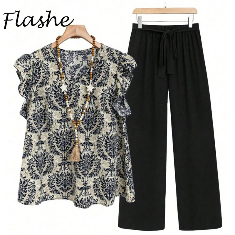 Summer Women Casual Two Piece Sets Vintage Printed Short Sleeve Loose Shirt High Waist Drawstring Pants Women Homewear