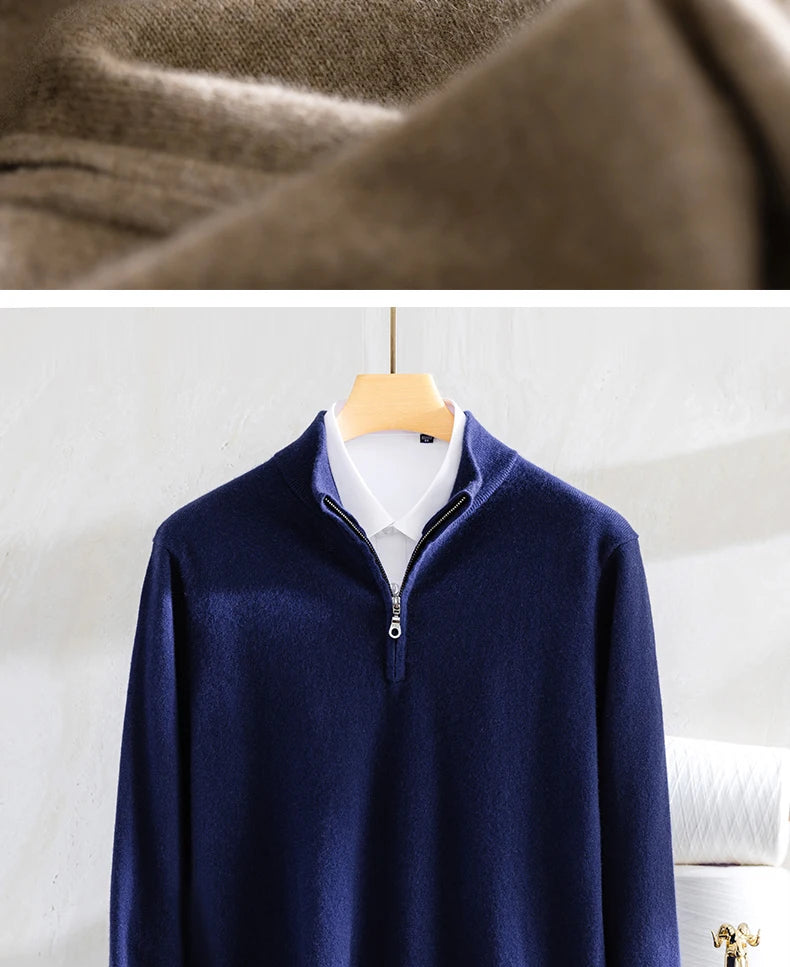 Class A 100% Pure Cashmere Men's Sweater Autumn Winter Semi Open Collar Zipper Pullover Sweater, Casual Business Men's Clothing