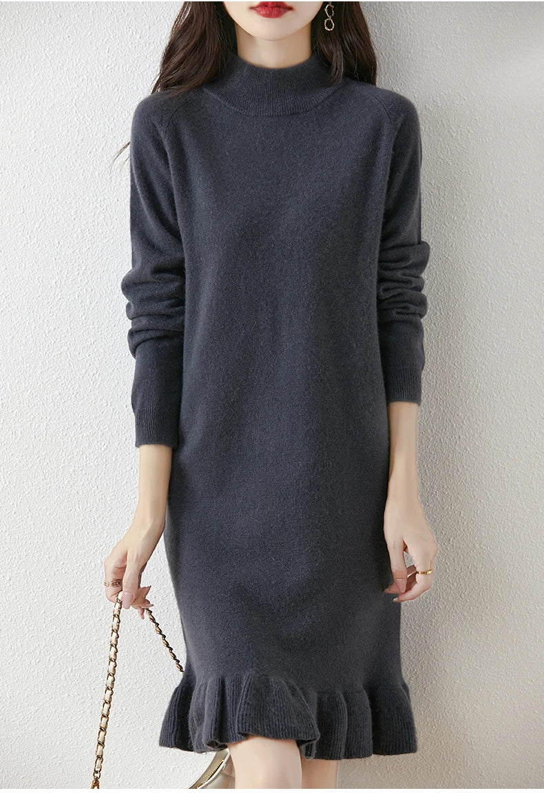 Women's Pure Wool Knitted Dress, High Collar, Pleated, Casual, Fashionable, Warm, 2024 Autumn And Winter