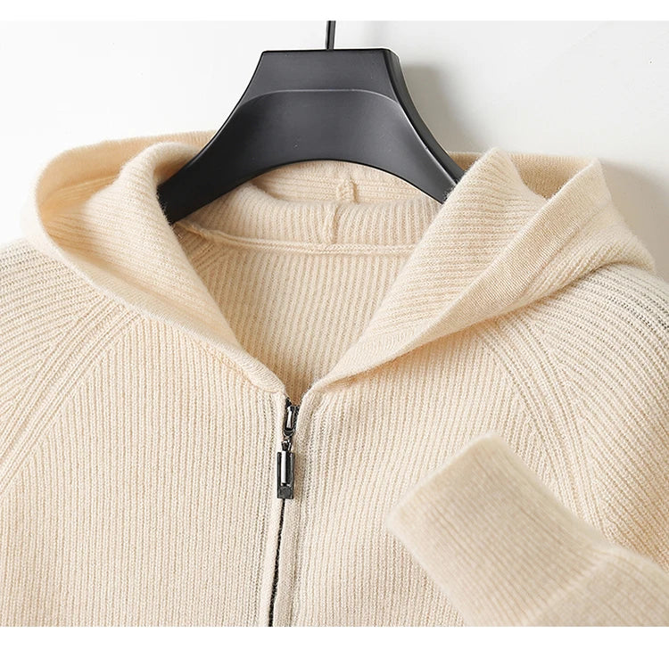 Autumn and Winter 100% Pure Cashmere Cardigan Men's Hoodie Zipper Thick Sweater Loose Plus Size Wool Knitted Sweater Coat