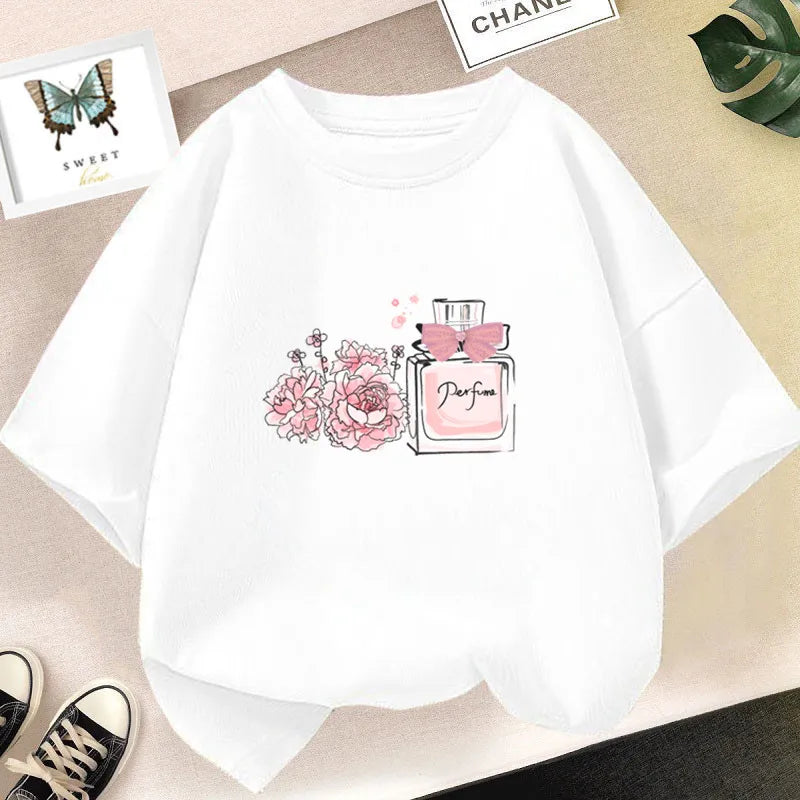 Girl Cute Rabbit Graphic Tshirt Short Sleeve Cotton T-Shirts For Baby Girl Cute Pink Color T-Shirts Children Summer Clothing